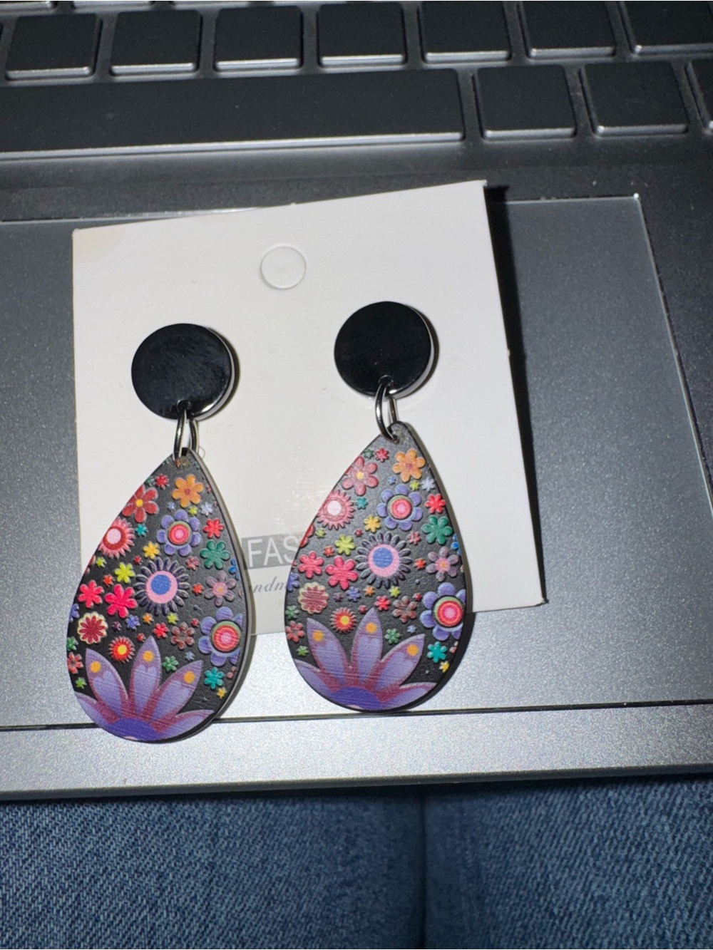 Floral Teardrop Dangle Earrings - Black with Multicolor Flower Print